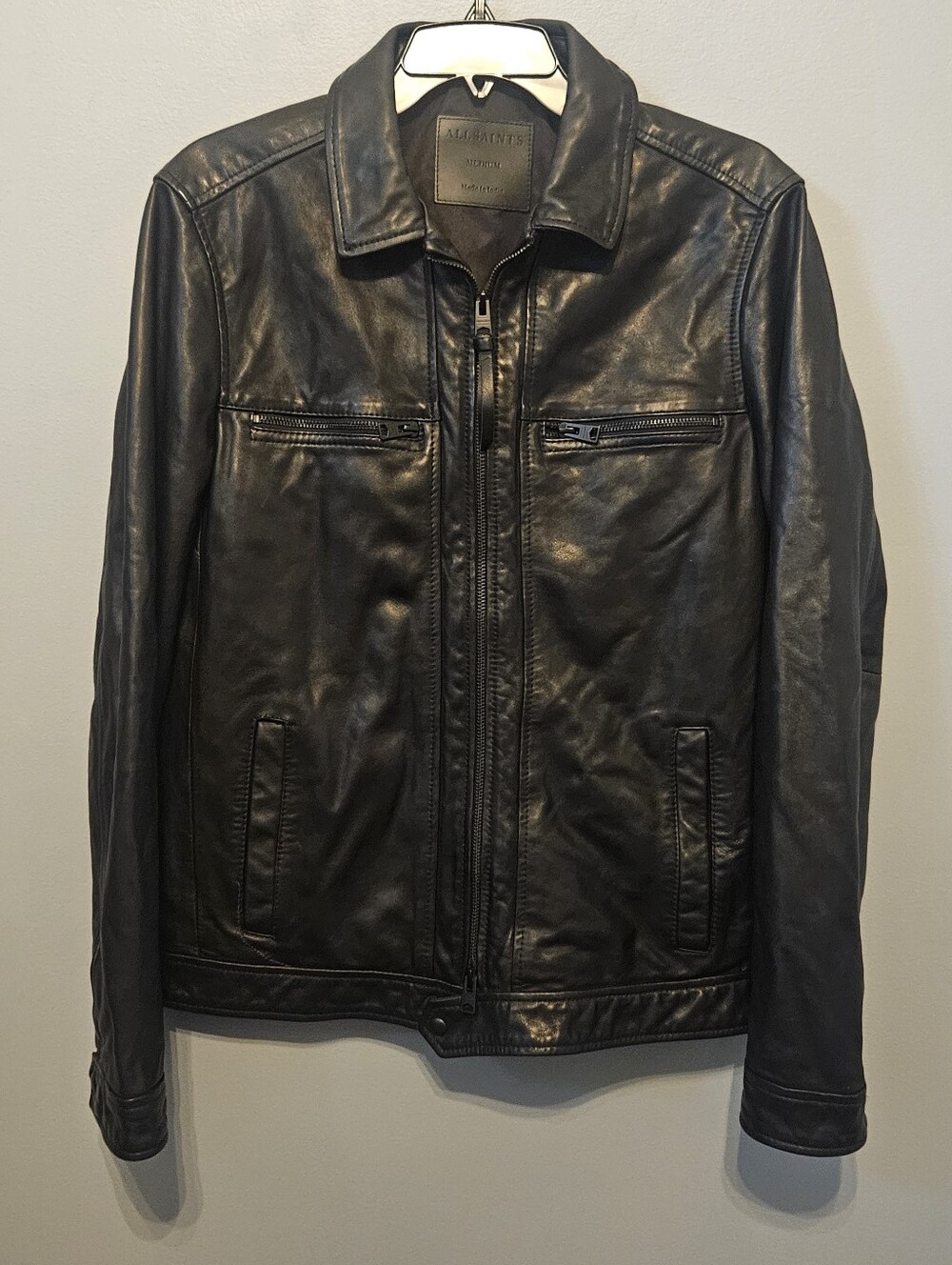 All Saints Luck Black Leather Jacket Size Medium M Has REPAIR Allsaints
